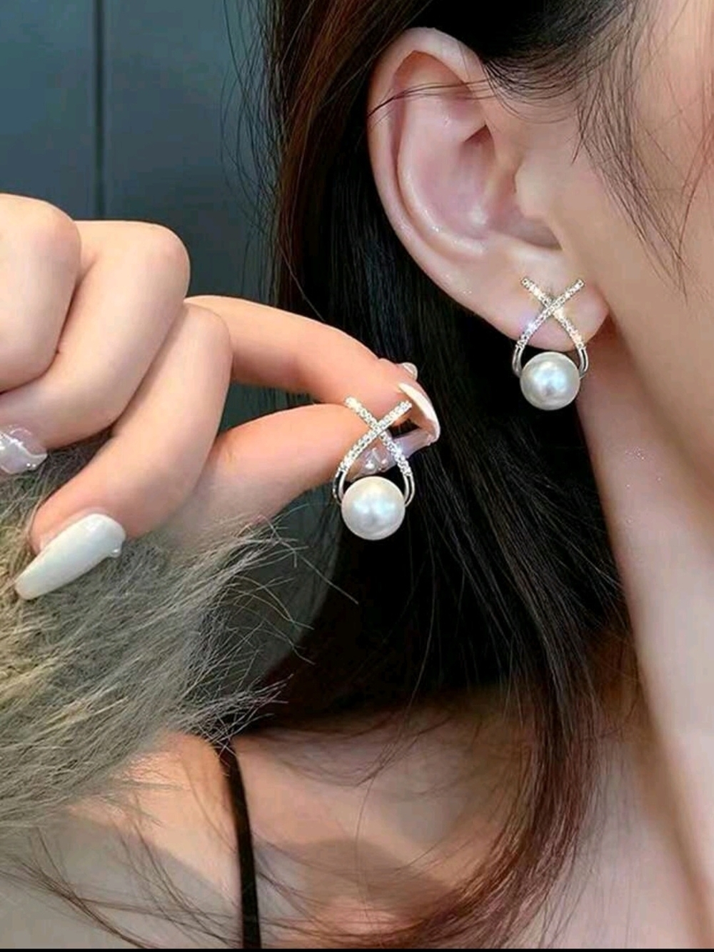 Elegant Pearl Drop Crystal Cross Earrings - White